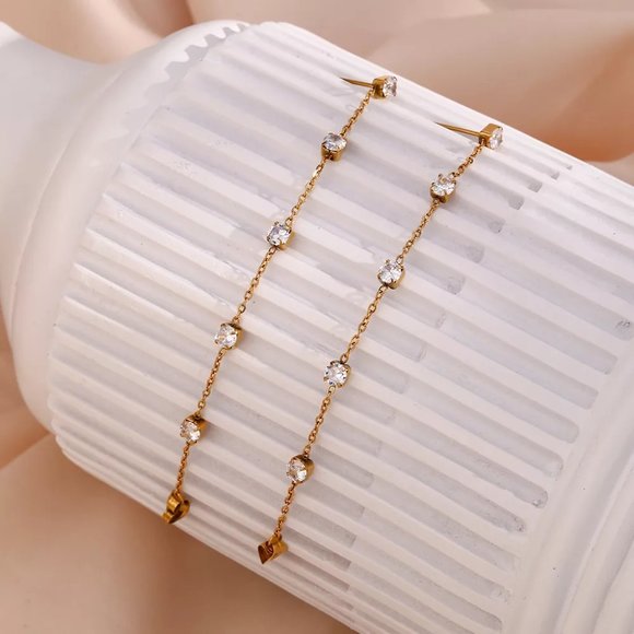 18K Gold Plated Chic Geometric Zircon Chain Drop Earrings Stainless Steel - Picture 9 of 9